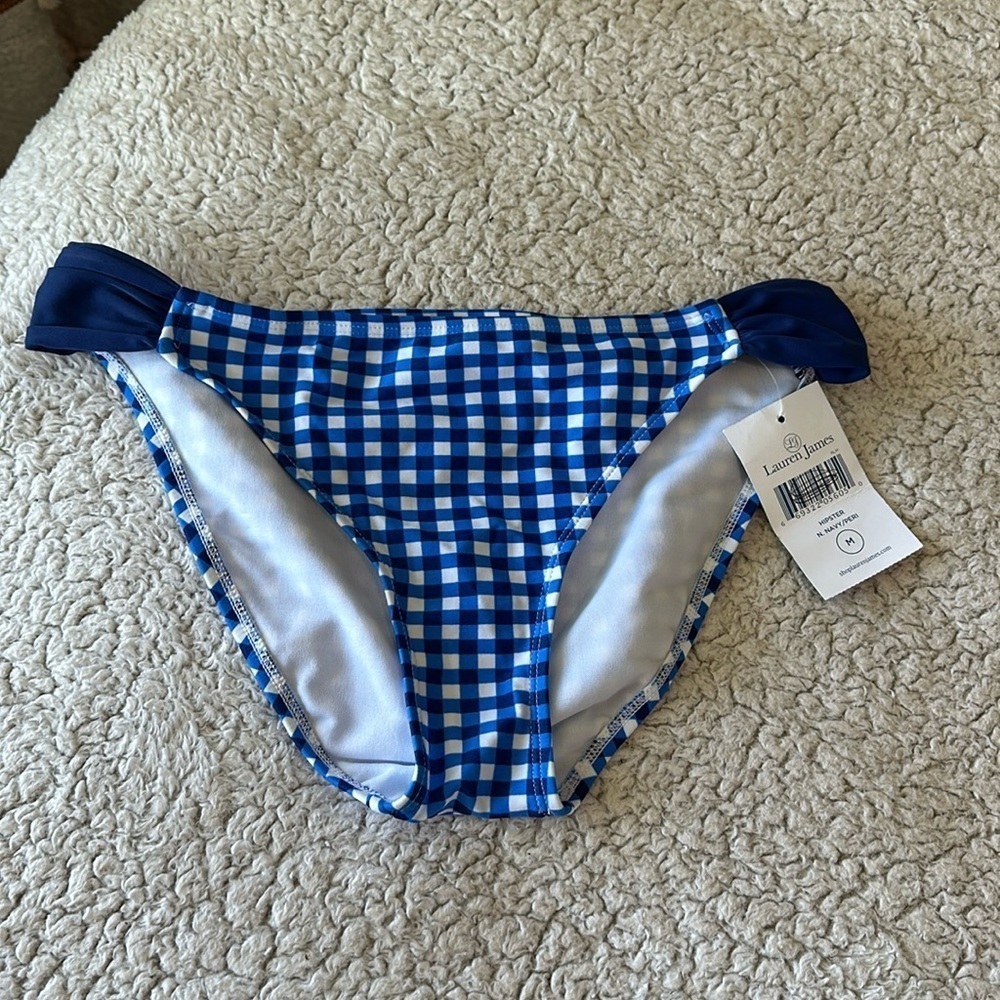 Lauren James Women's M Blue And White Gingham Check Hipster Bikini Bottom New